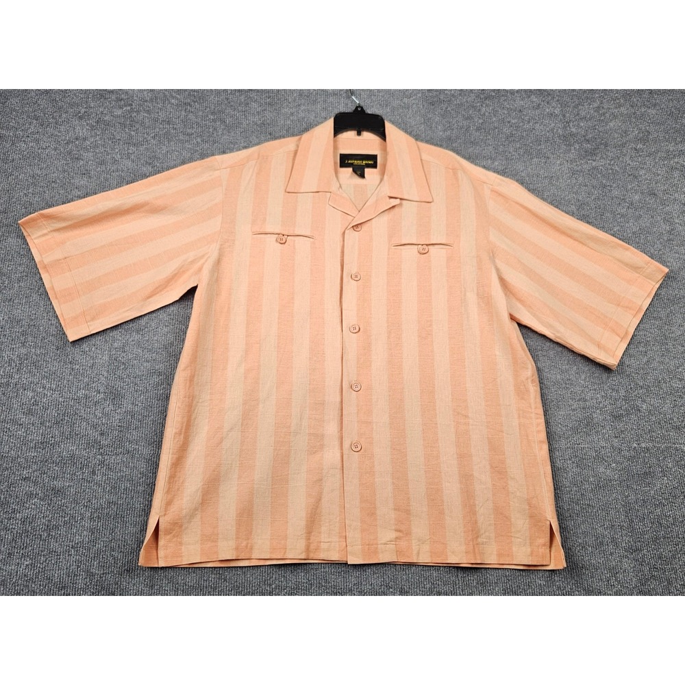 J Anthony Brown Collection Mens XL Linen Striped Camp Shirt Peach Tan SS